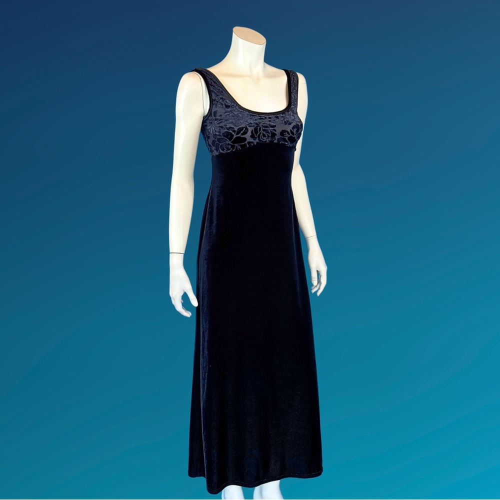 90s Black Cut Velvet Empire Waist Maxi Slip Dress XS
